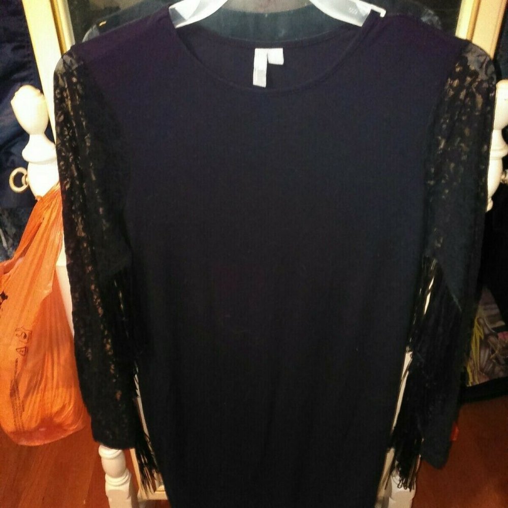 LN Asos Black long floor Stretch Dress with Lace a